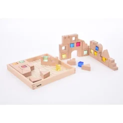 Tickit Bloques construcción madera y cubos colores translúcidos con bandeja de madera. 39 piezas