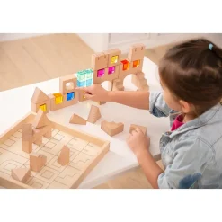Tickit Bloques construcción madera y cubos colores translúcidos con bandeja de madera. 39 piezas