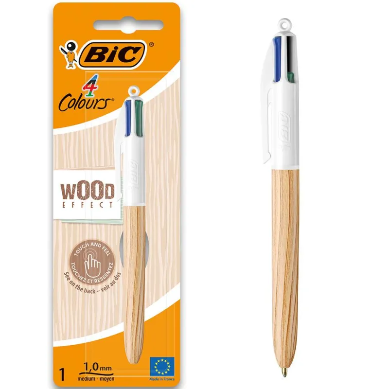 Bic Bolígrafo 4 colores cuerpo textura madera