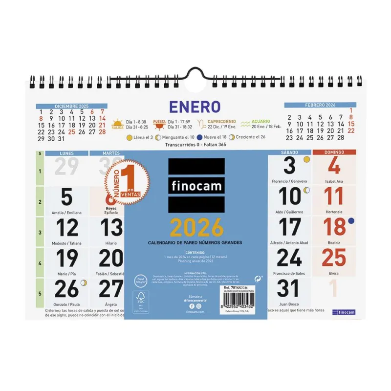 Finocam Calendario pared color 2026 números grandes