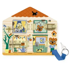 Djeco Tablero con cerraduras de madera casita