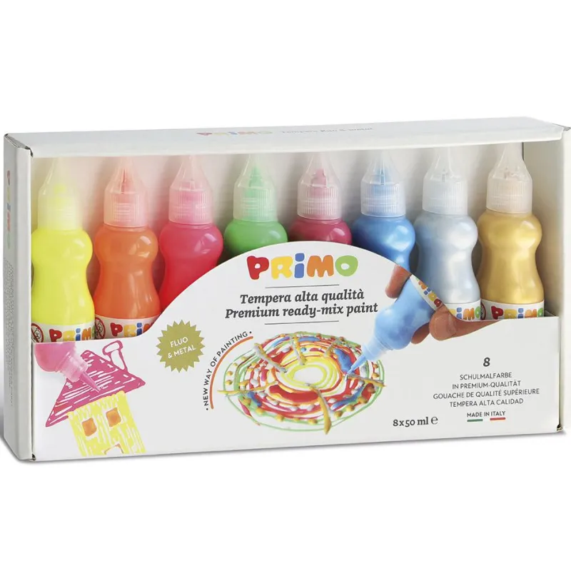 Primo Témpera 8 colores flúor y metalizados 50ml.
